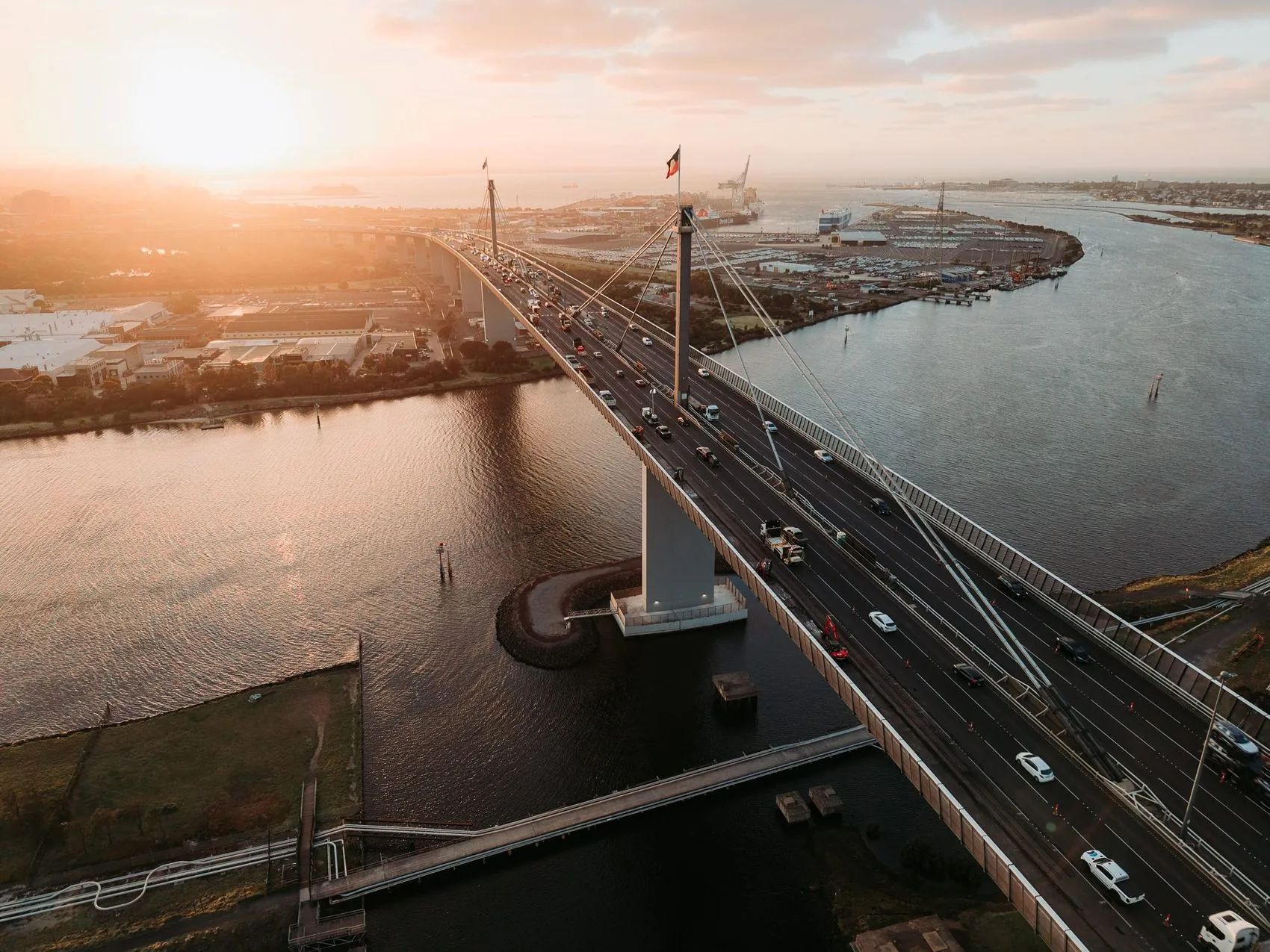 Aerial of the West Gate Bridge, Melbourne, at sunset